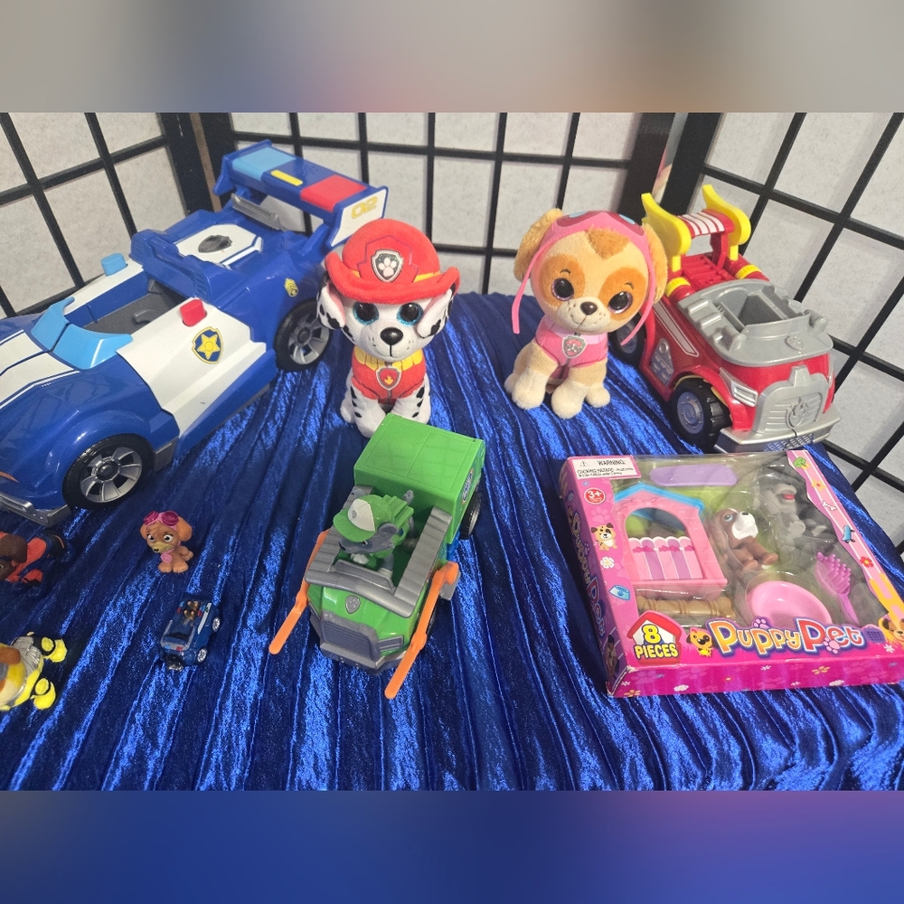 Paw Patrol Toy Set with Blue, Red, Green Vehicles and Plush